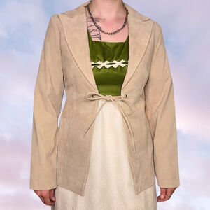 Vtg 90s Y2k Tan Suede Leather Tie Front Hippie Boho Bratz Collared Jacket Sz Sm